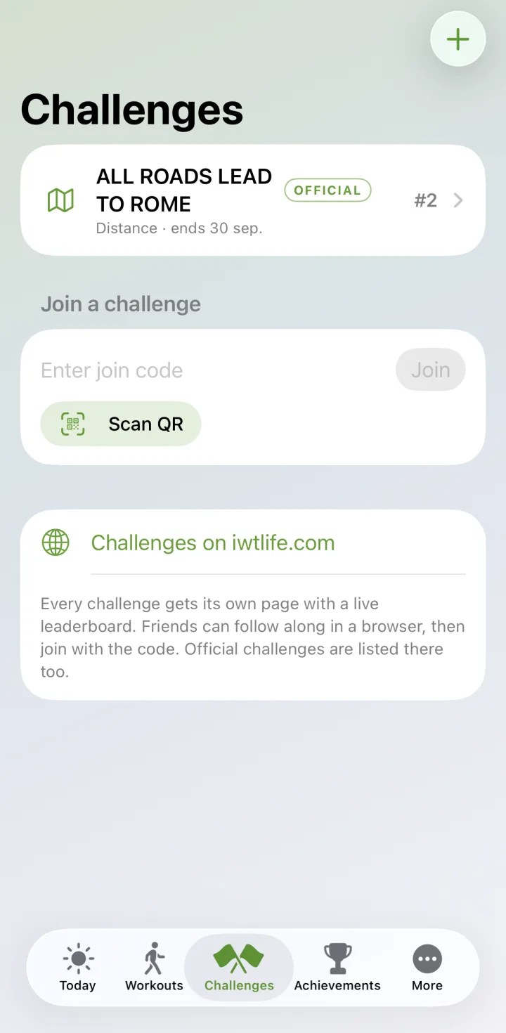 The challenges screen showing an official challenge in progress and a place to enter a join code.