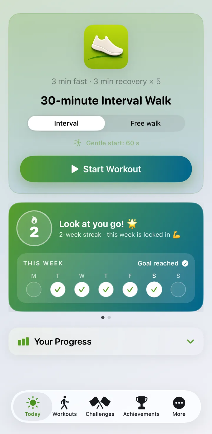 The start screen with a two-week streak and the week's walks ticked off.